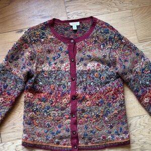 Talbots Multicolor Floral Embroidered Cardigan with Maroon Trim